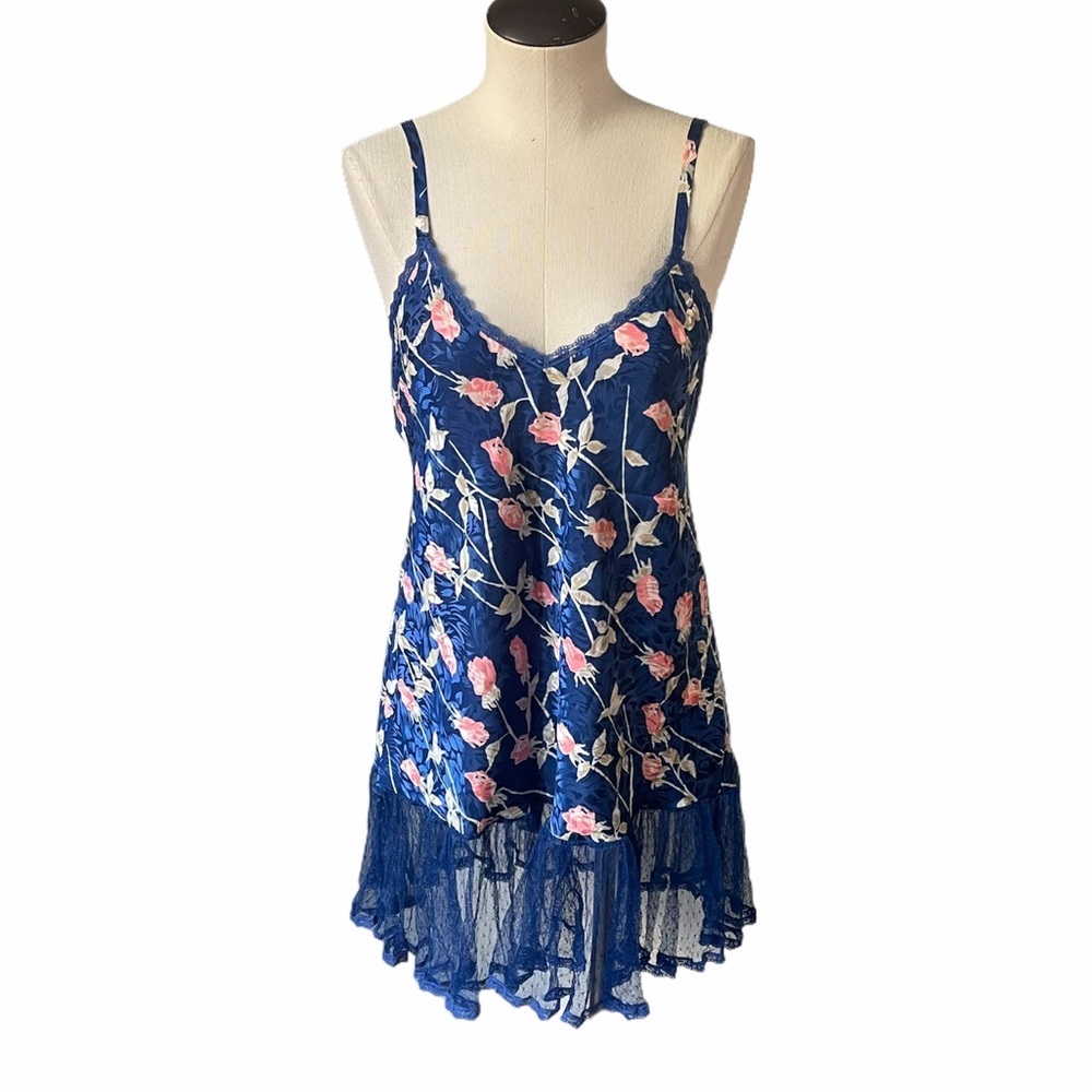 Vintage Blue Satin Ruffle Lace Mesh Hemline Lingerie Slip Dress w/Bow